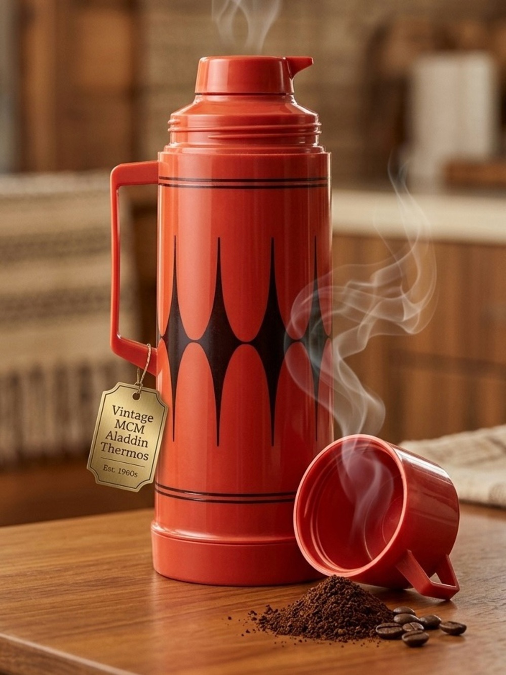VTG MCM Aladdin Vanguard Red & Black Diamond Thermos 1 Qt 32oz Retro